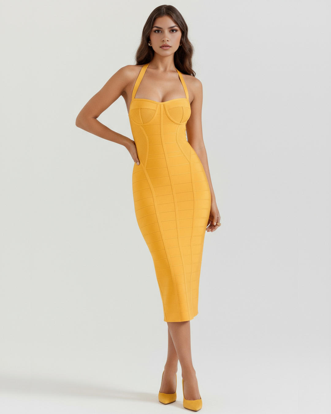 Addison | Yellow Halter Bandage Midi Dress