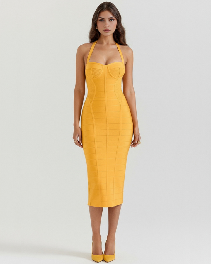 Addison | Yellow Halter Bandage Midi Dress