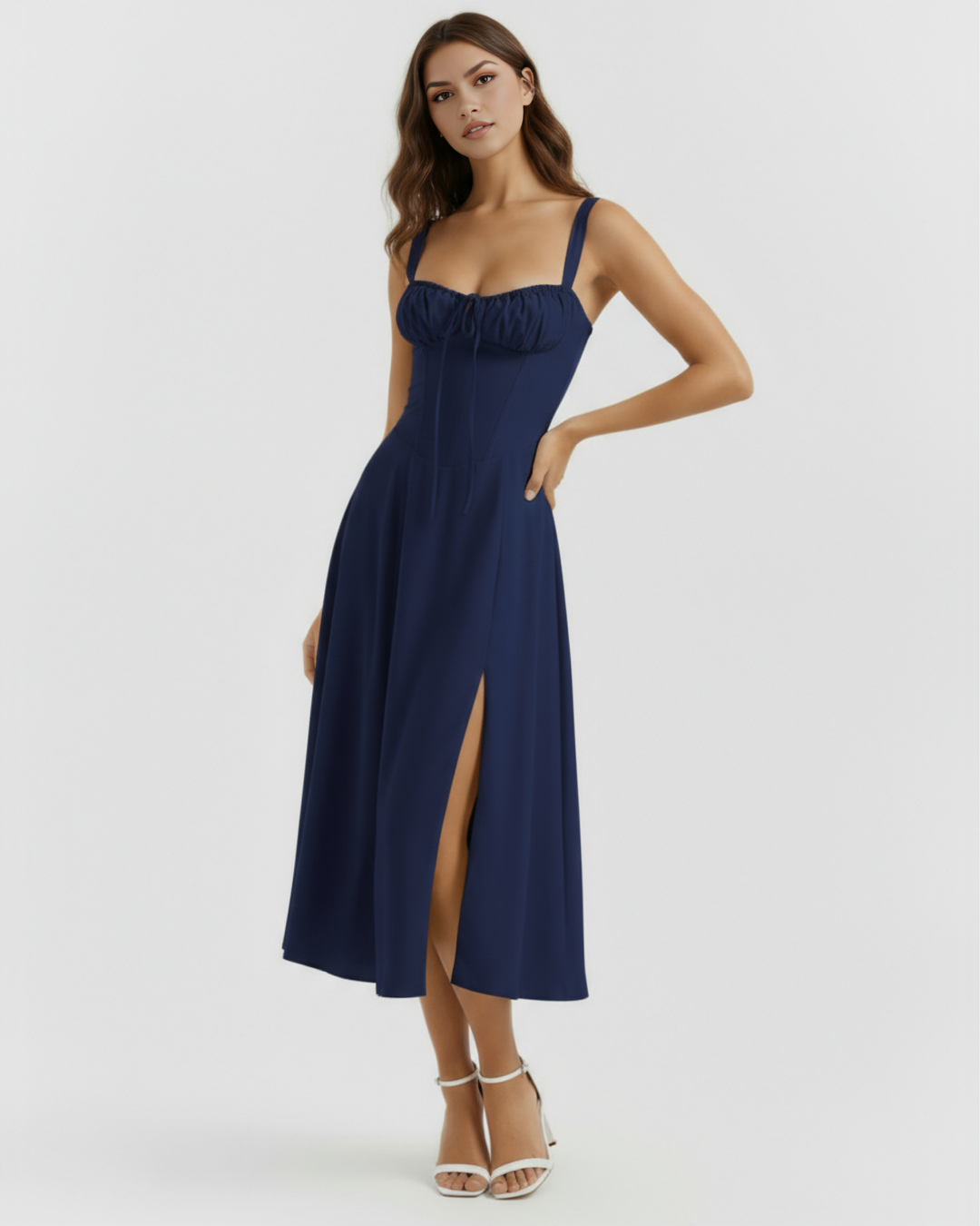 Autumn | Navy Blue Midi Bustier Dress Women&