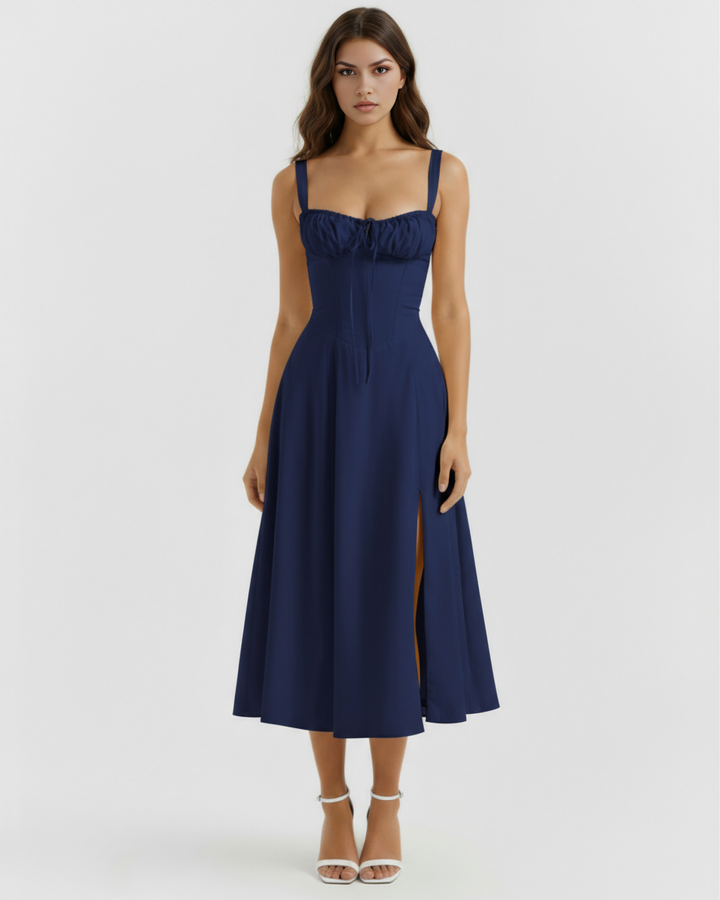 Autumn | Navy Blue Midi Bustier Dress Women&