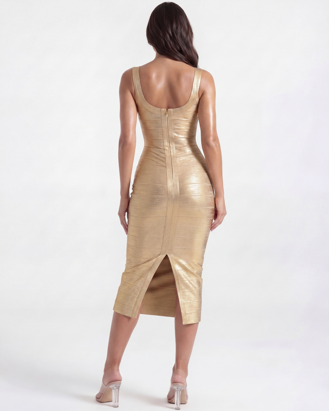 Cheryl | Gold Metallic Bandage Midi Dress Womens
