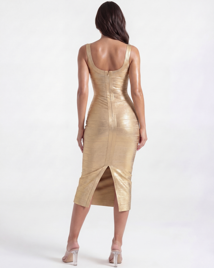 Cheryl | Gold Metallic Bandage Midi Dress Womens