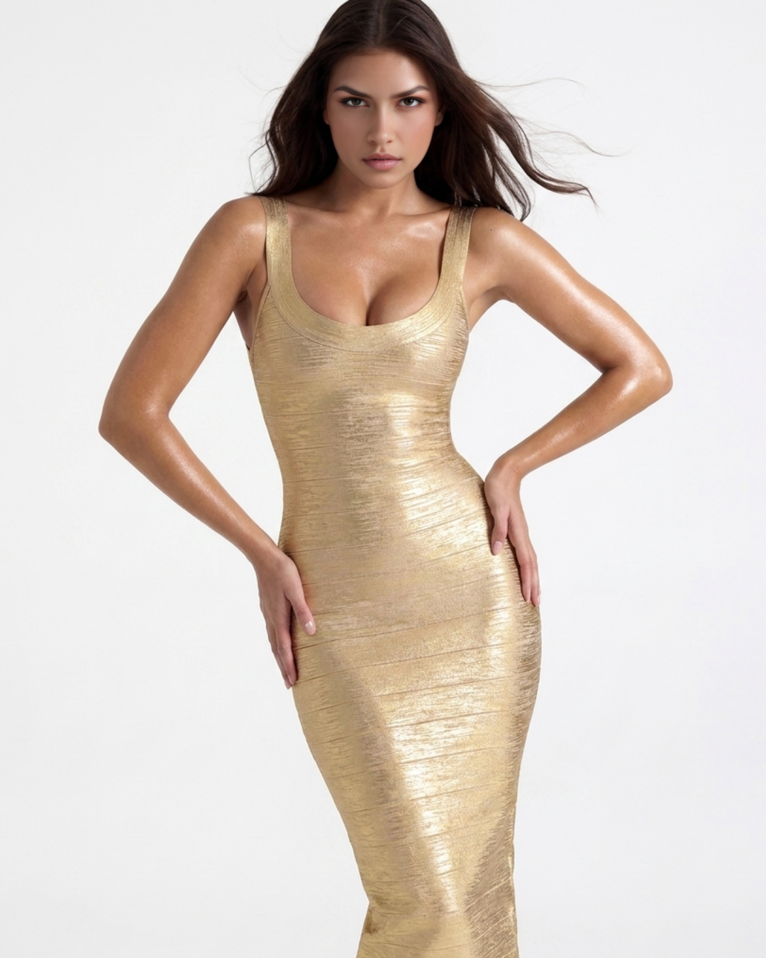 Cheryl | Gold Metallic Bandage Midi Dress Womens