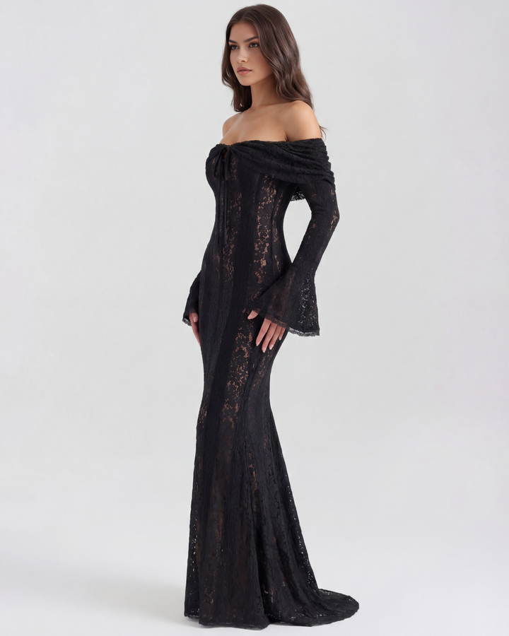 Elise | Black Lace Off-Shoulder Maxi Dress