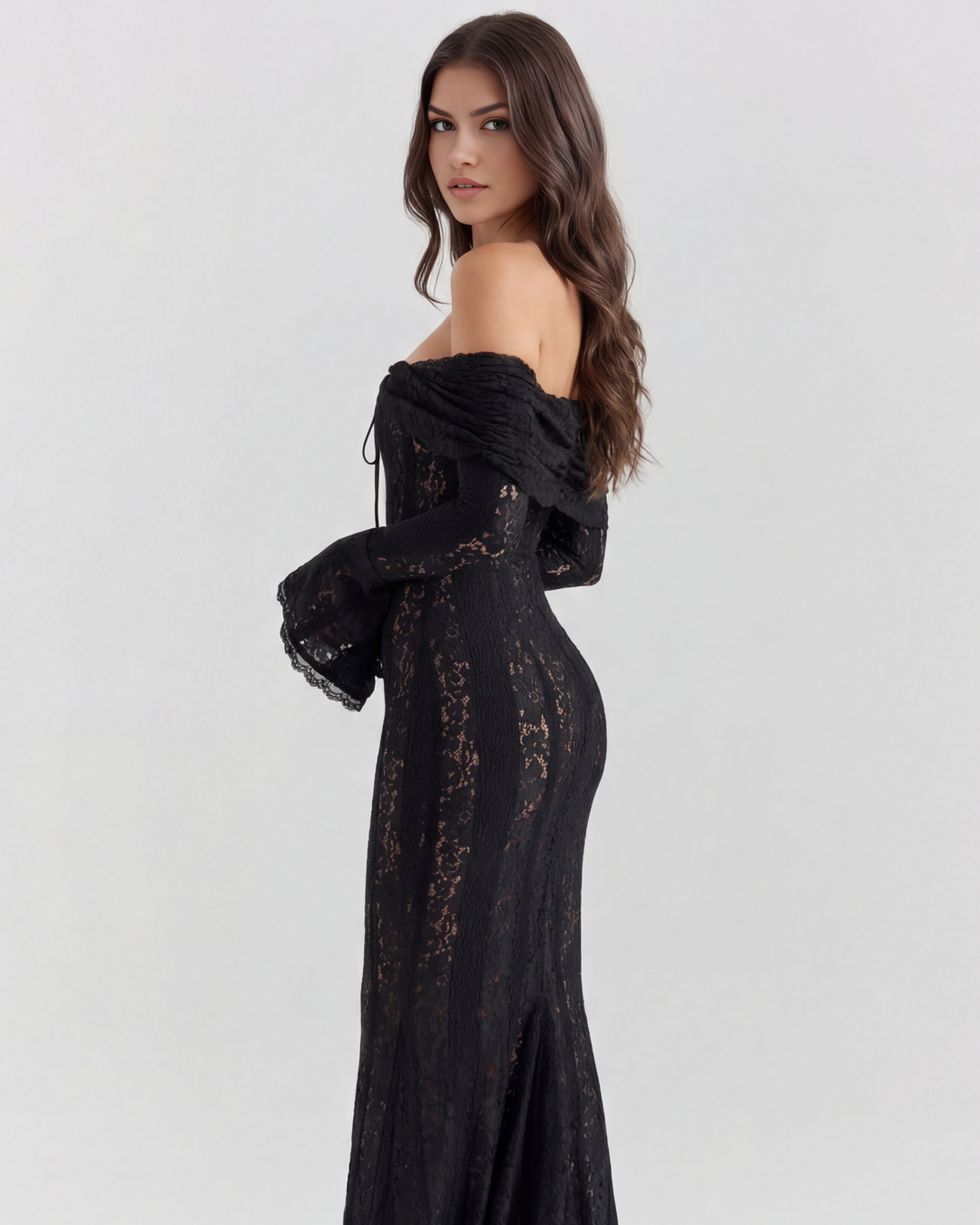 Elise | Black Lace Off-Shoulder Maxi Dress