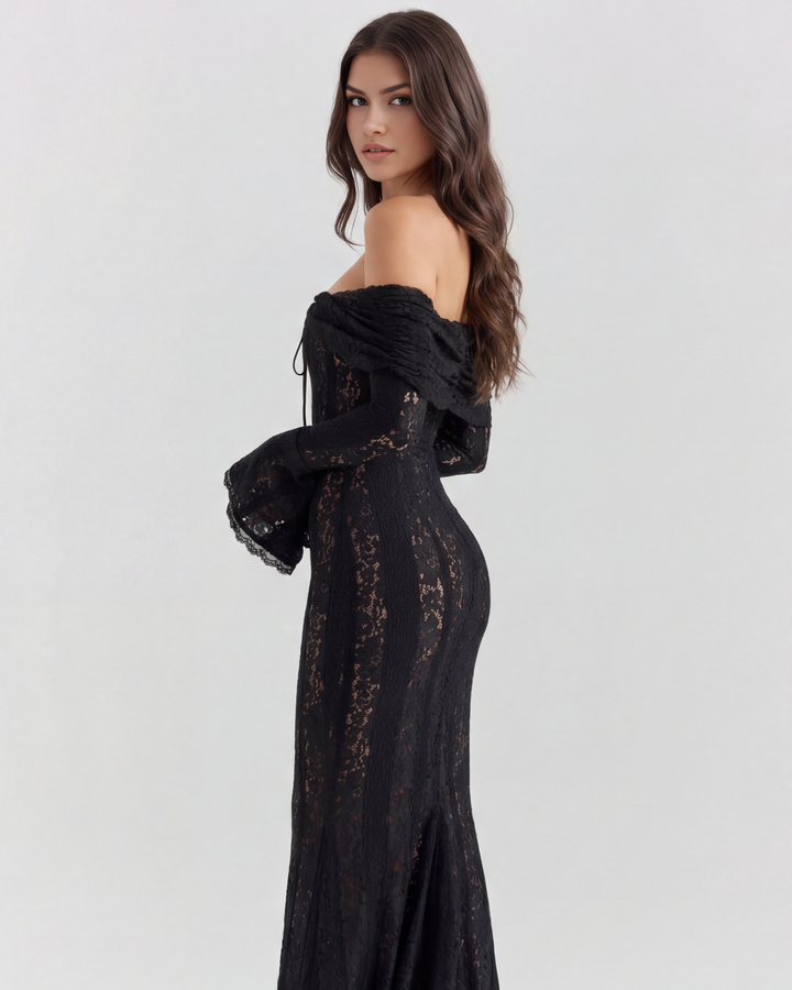 Elise | Black Lace Off-Shoulder Maxi Dress