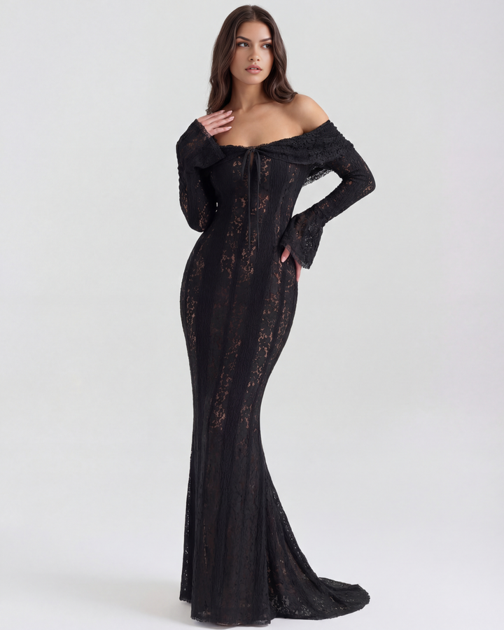 Elise | Black Lace Off-Shoulder Maxi Dress