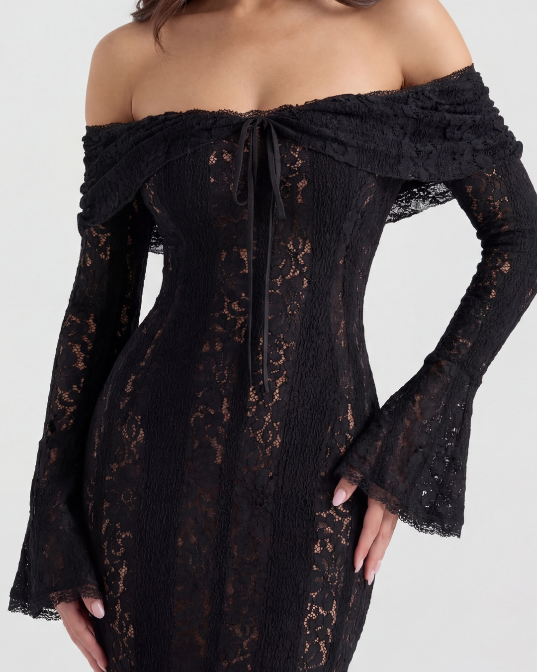 Elise | Black Lace Off-Shoulder Maxi Dress