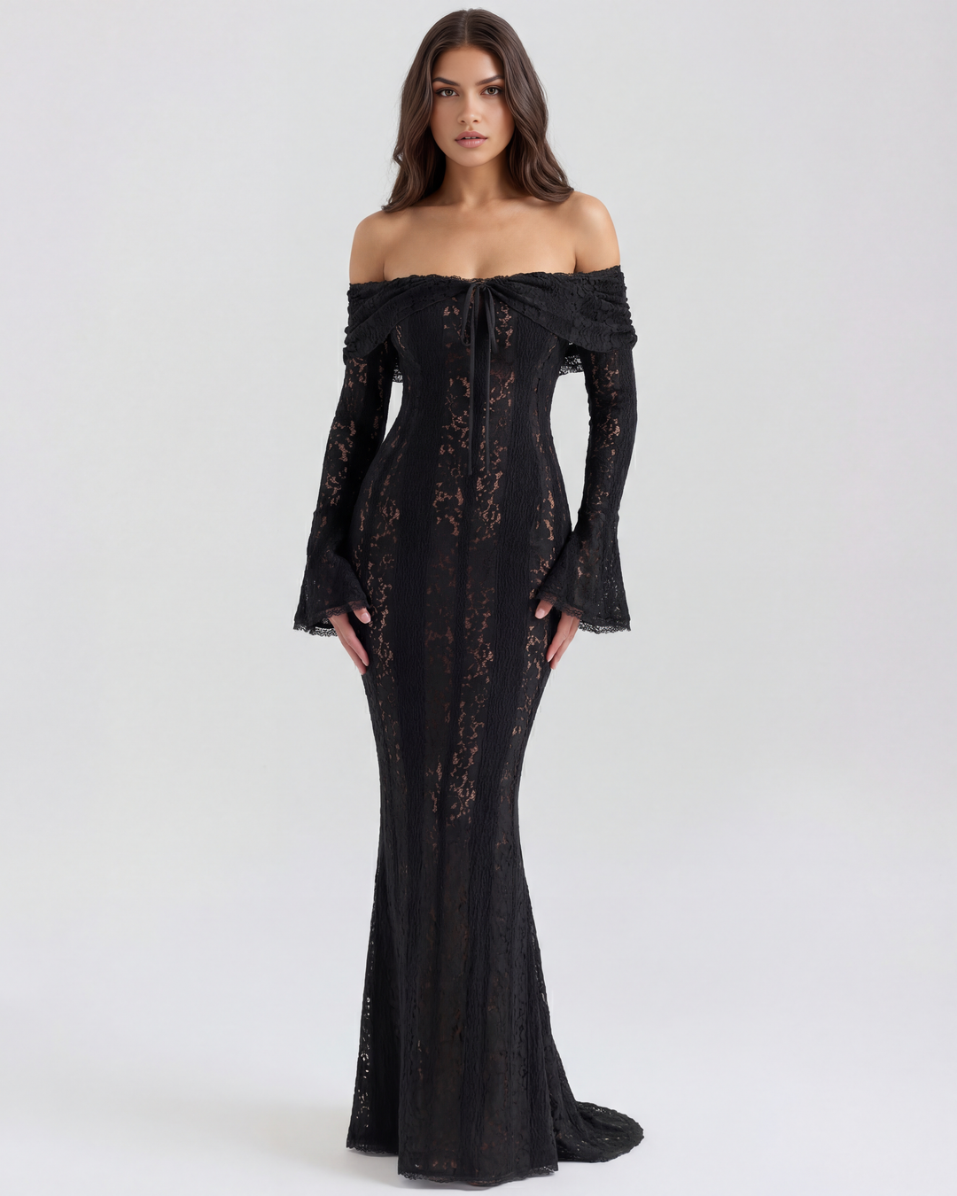Elise | Black Lace Off-Shoulder Maxi Dress