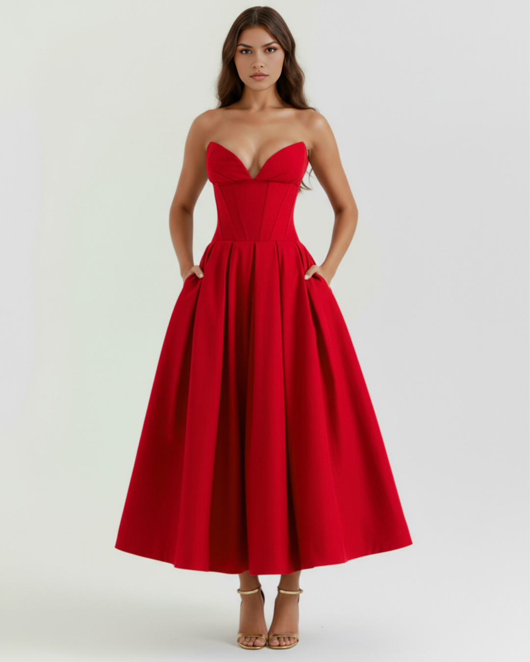 Faith | Red Strapless Corset Midi Dress Women&