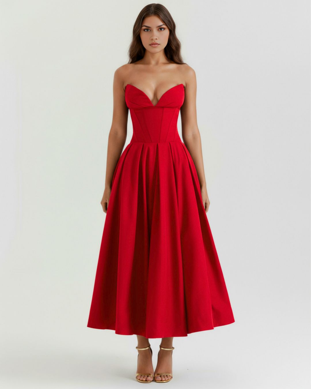 Faith | Red Strapless Corset Midi Dress Women&