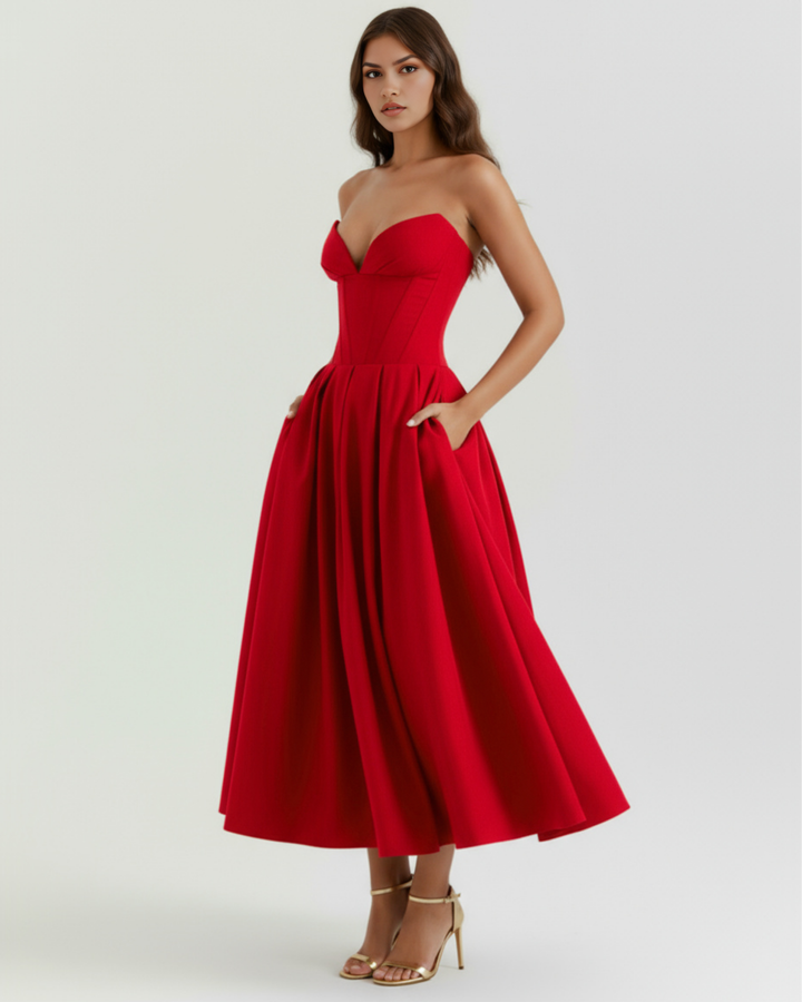 Faith | Red Strapless Corset Midi Dress Women&