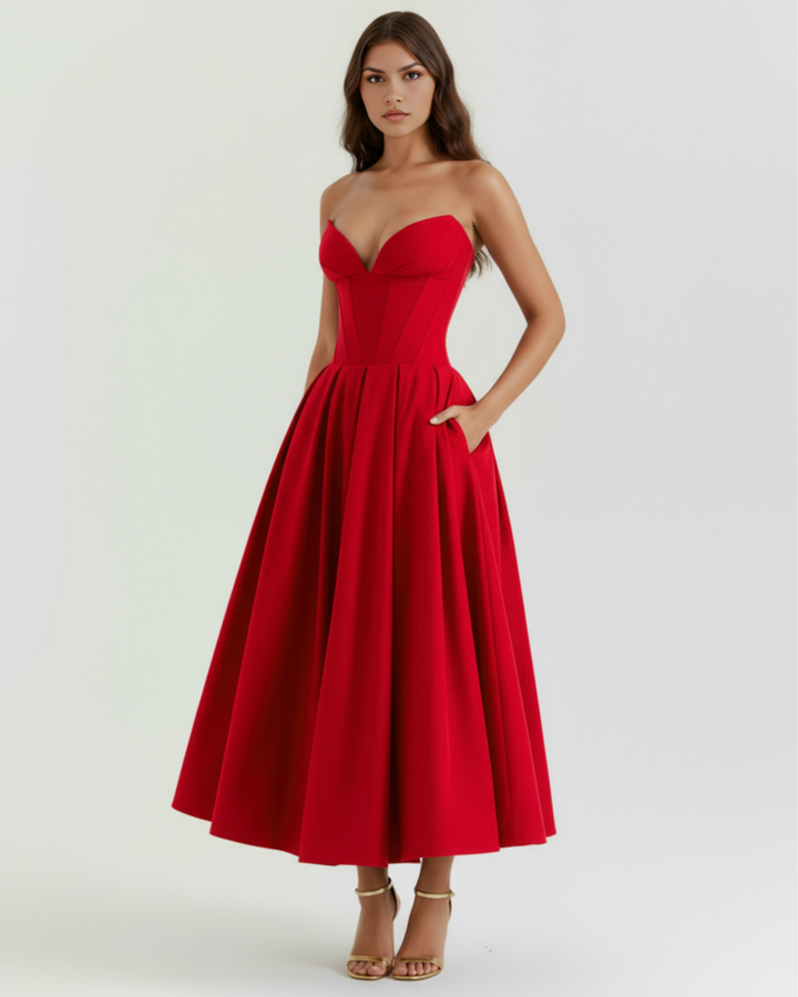 Faith | Red Strapless Corset Midi Dress Women&
