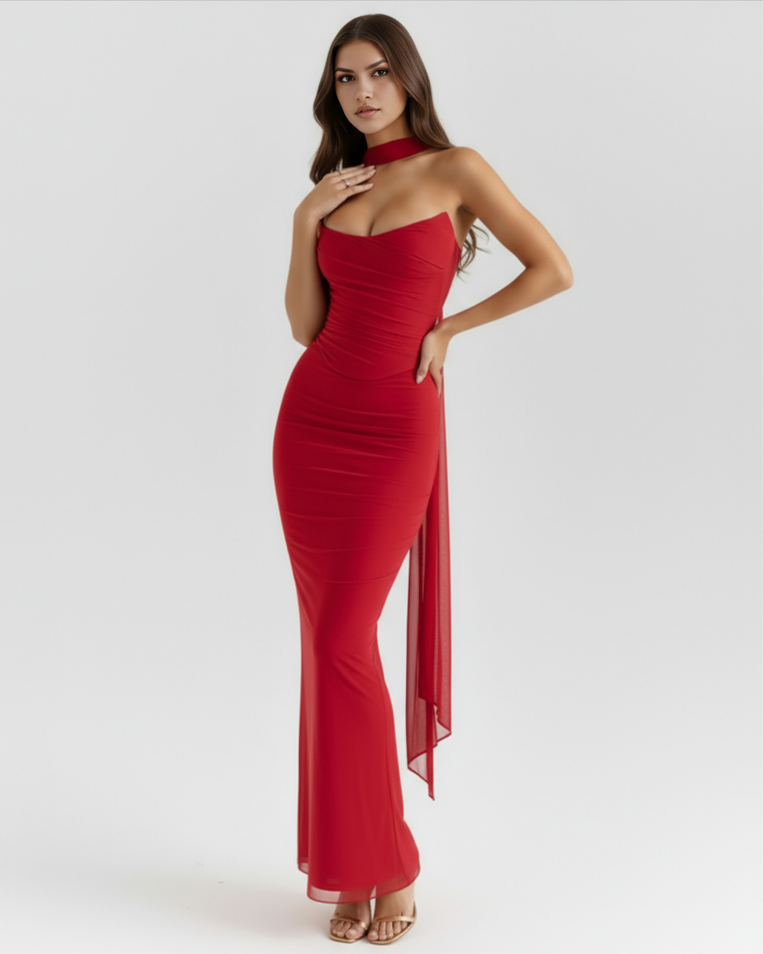 Fiona | Red Ruched Womens Maxi Dress