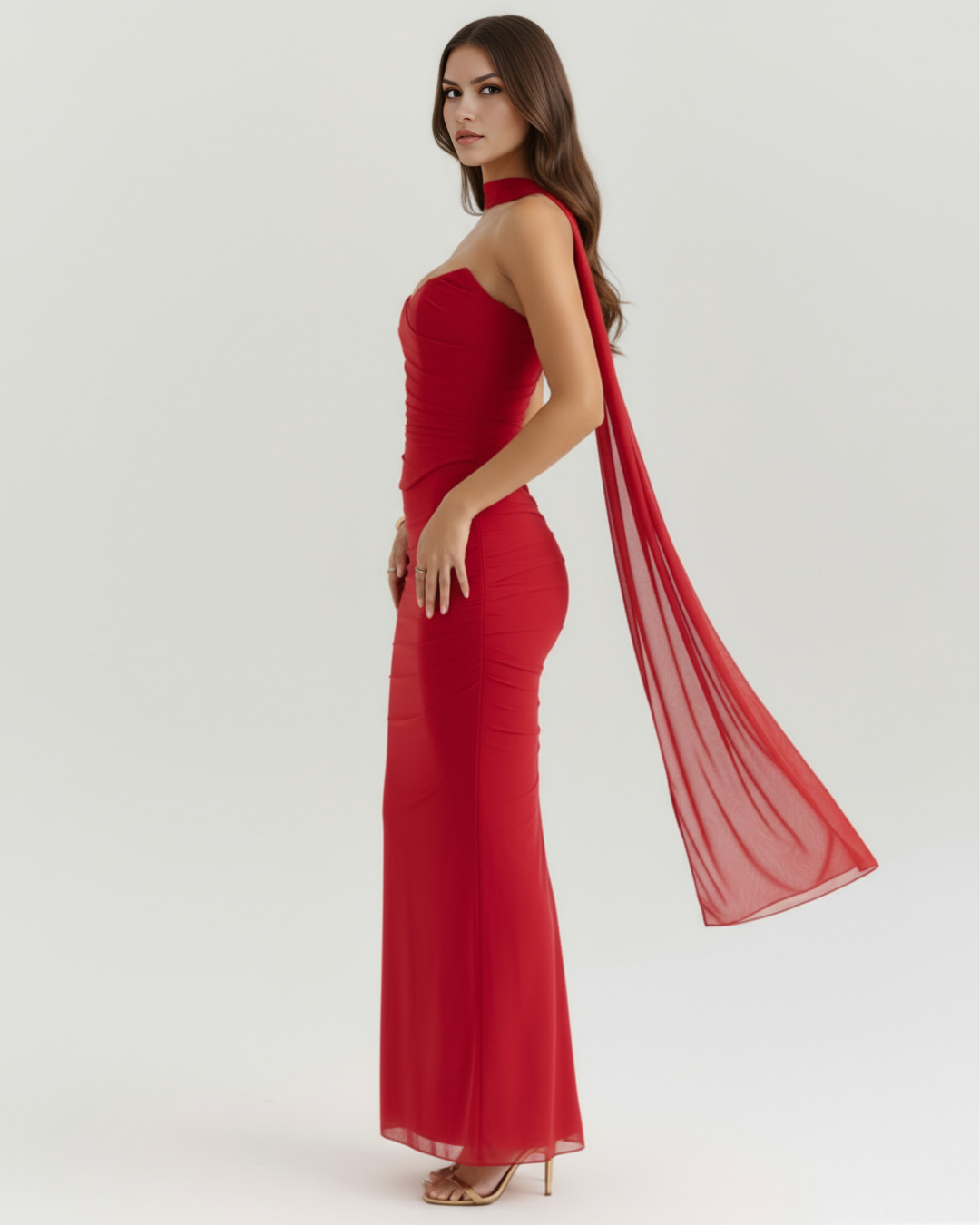 Fiona | Red Ruched Womens Maxi Dress