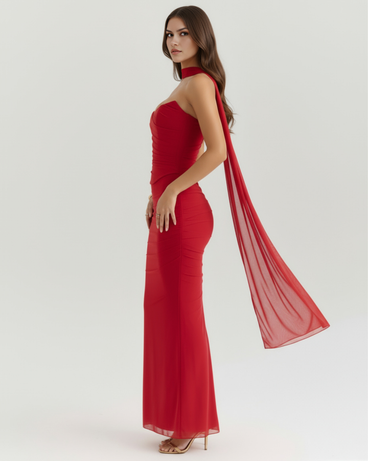 Fiona | Red Ruched Womens Maxi Dress