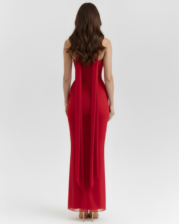 Fiona | Red Ruched Womens Maxi Dress