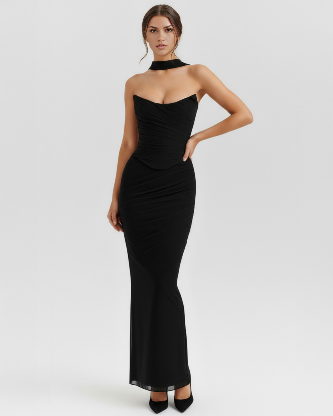 Gemma | Black Strapless Ruched Maxi Dress