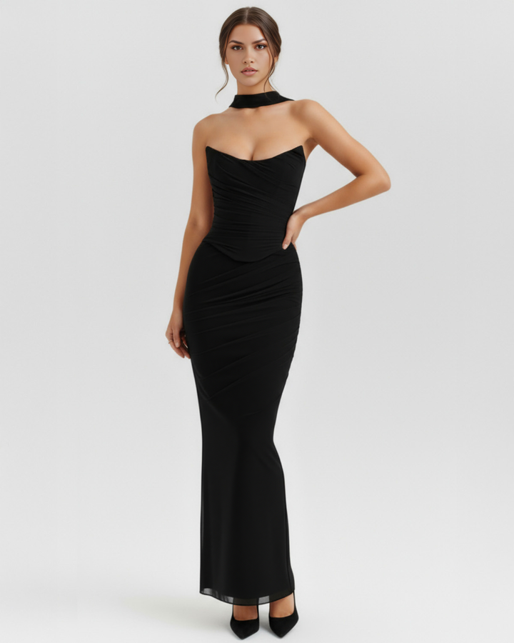 Gemma | Black Strapless Ruched Maxi Dress