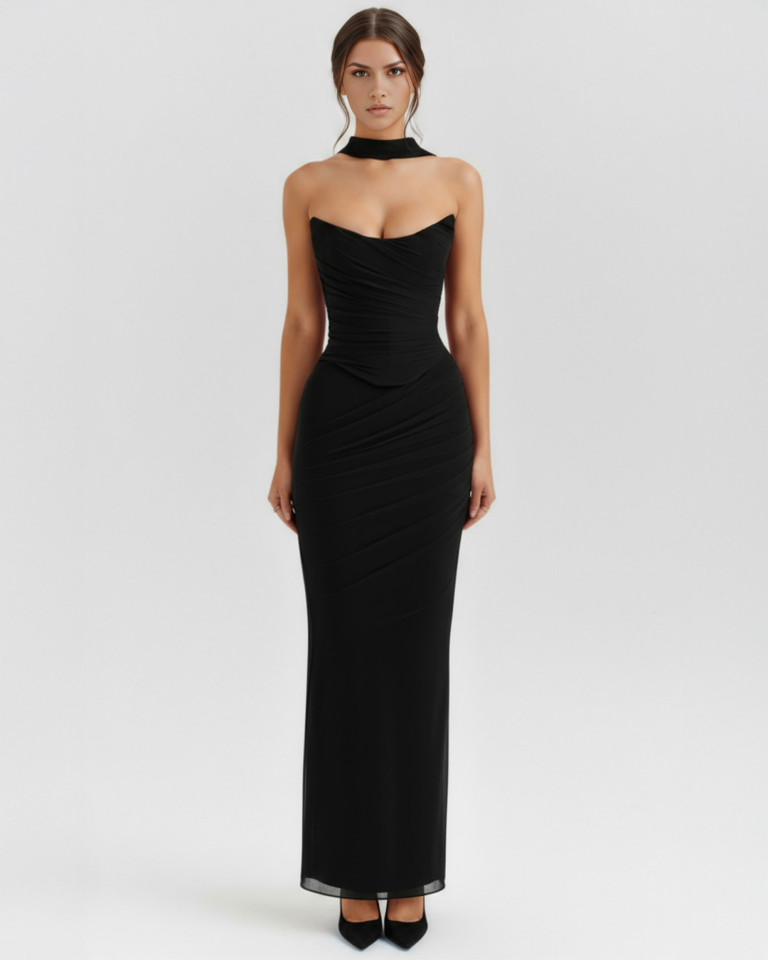 Gemma | Black Strapless Ruched Maxi Dress