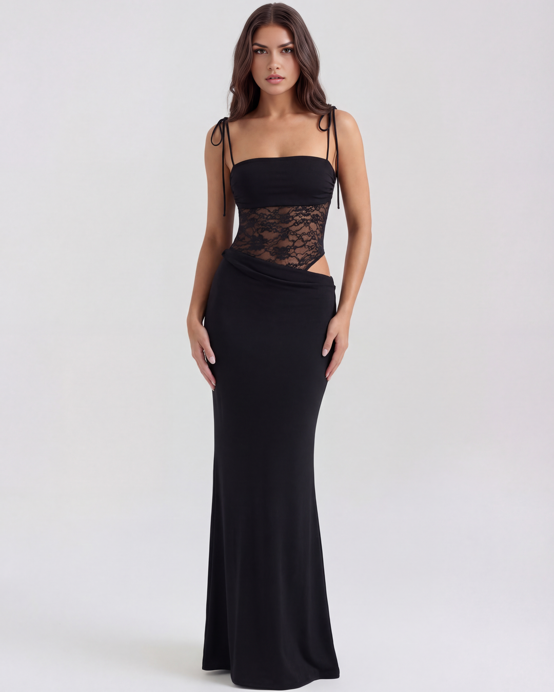 Greta | Black Lace Corset Maxi Dress