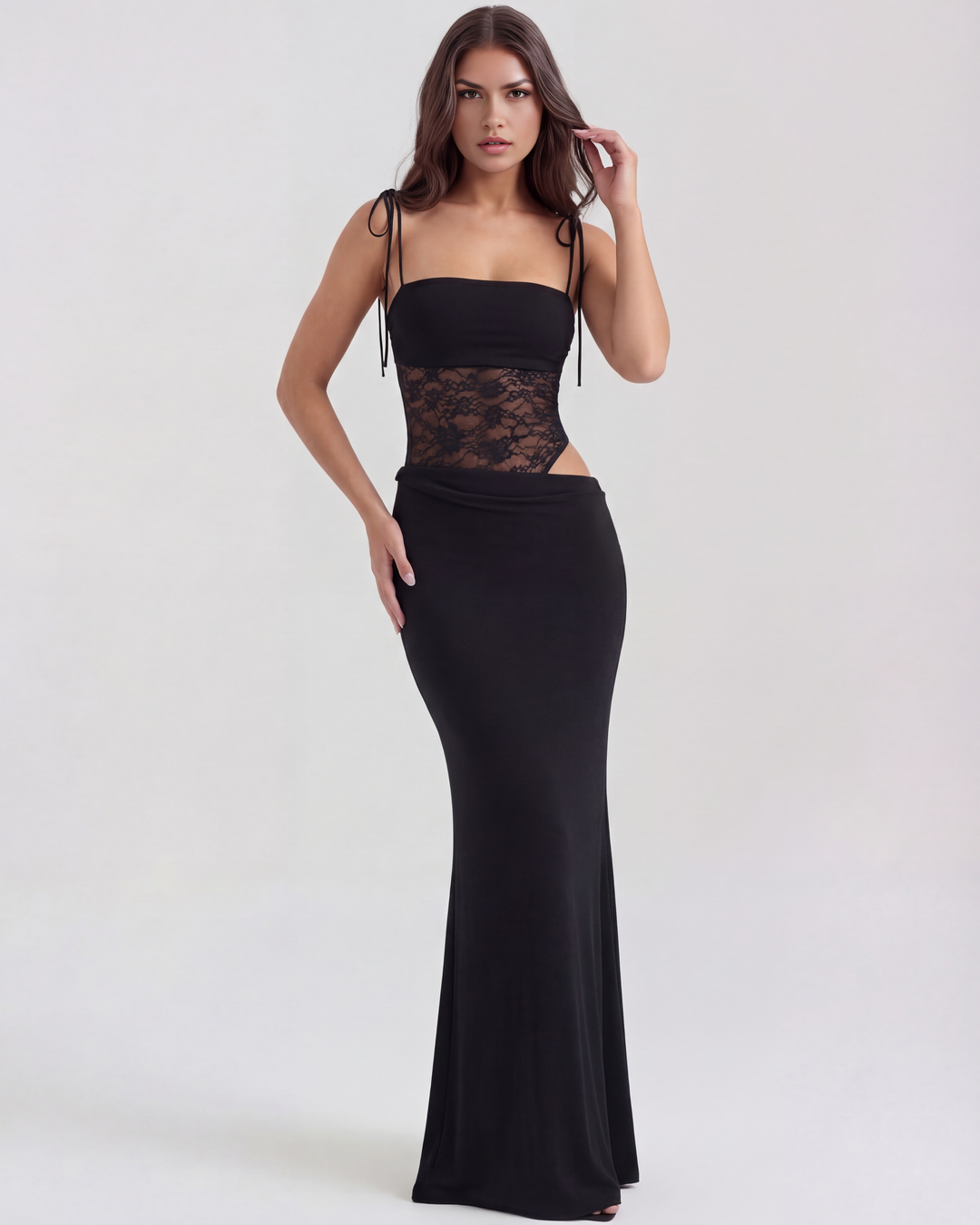 Greta | Black Lace Corset Maxi Dress