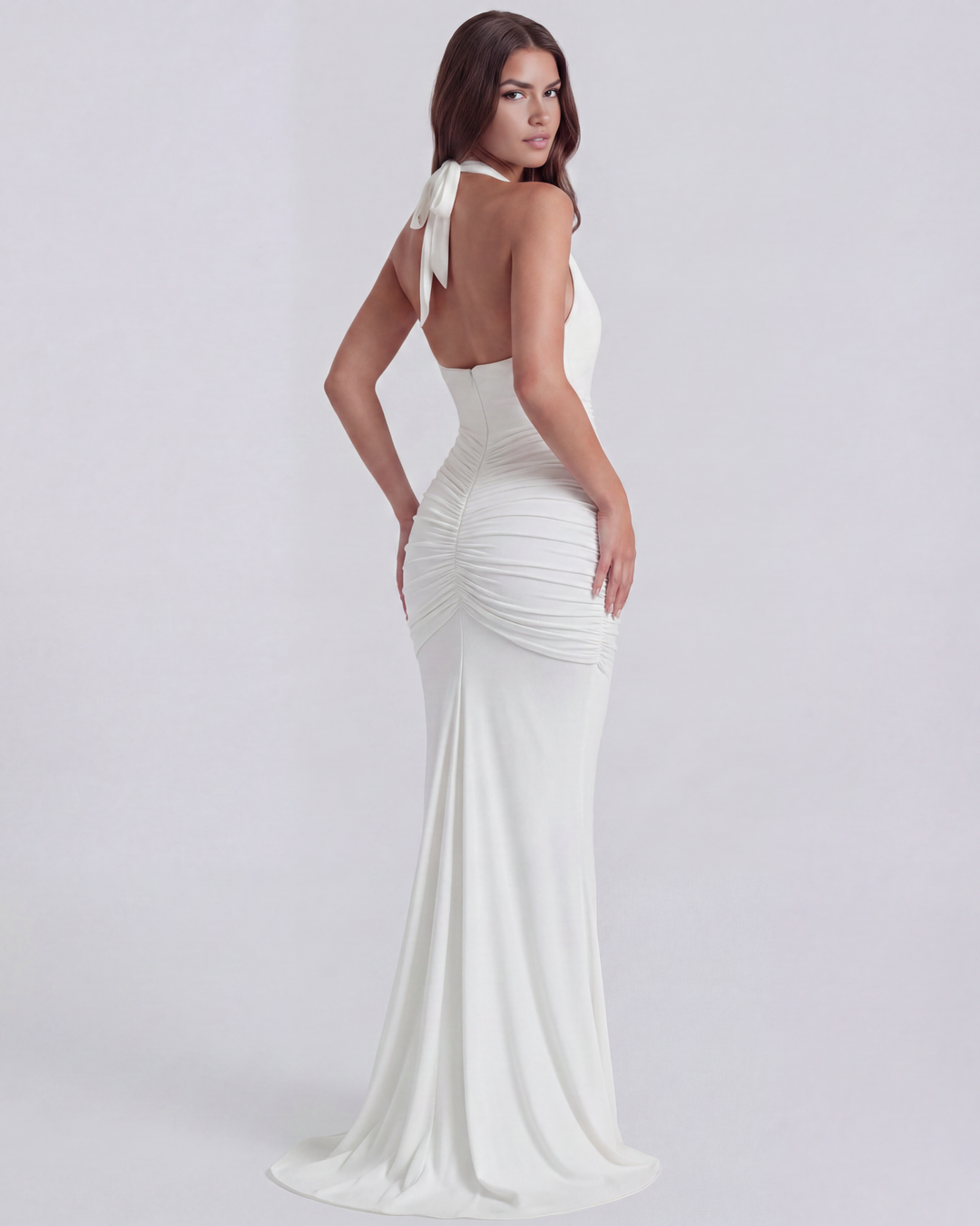 Jade | White Deep V Halter Neck Maxi Dress