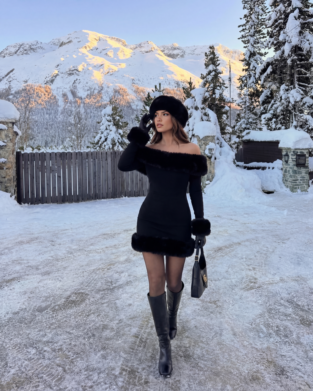 Lisa | Black Off-Shoulder Fur Trim Mini Dress