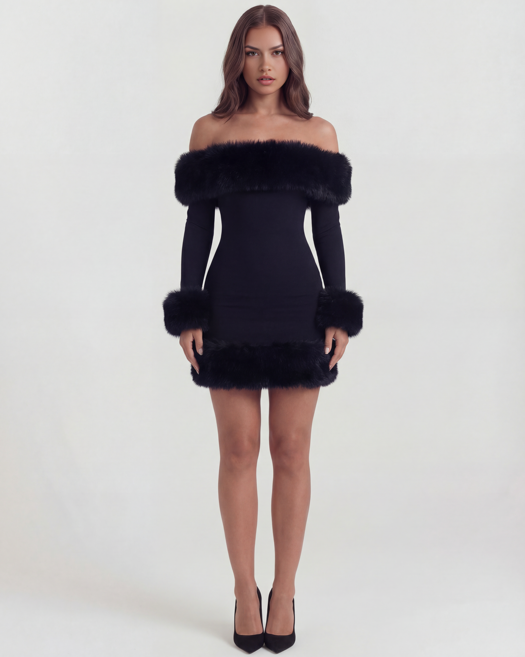Lisa | Black Off-Shoulder Fur Trim Mini Dress