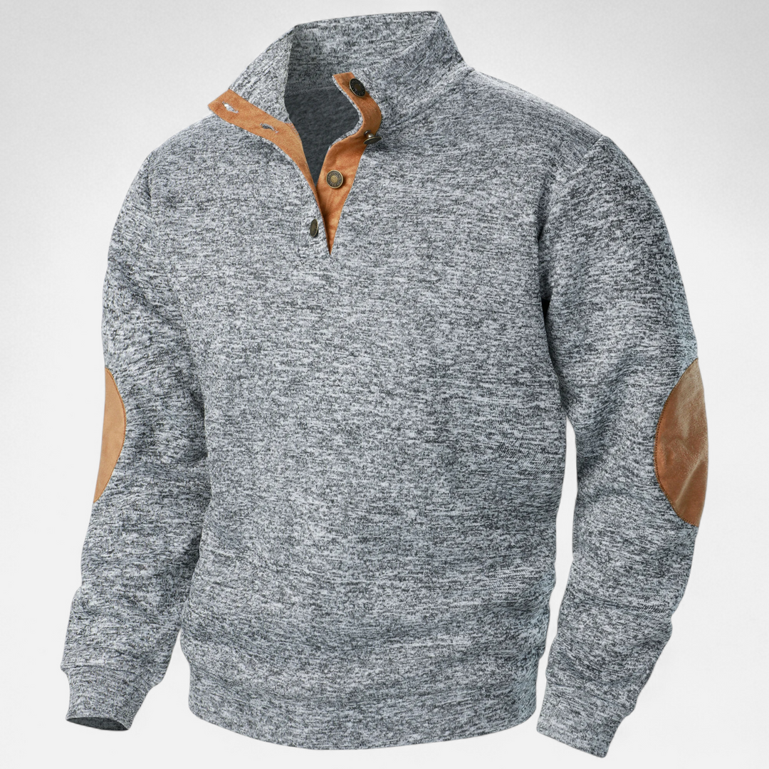 Men’s Knitted Jumper | Stand Collar Half Button Pullover With Elbow Patches