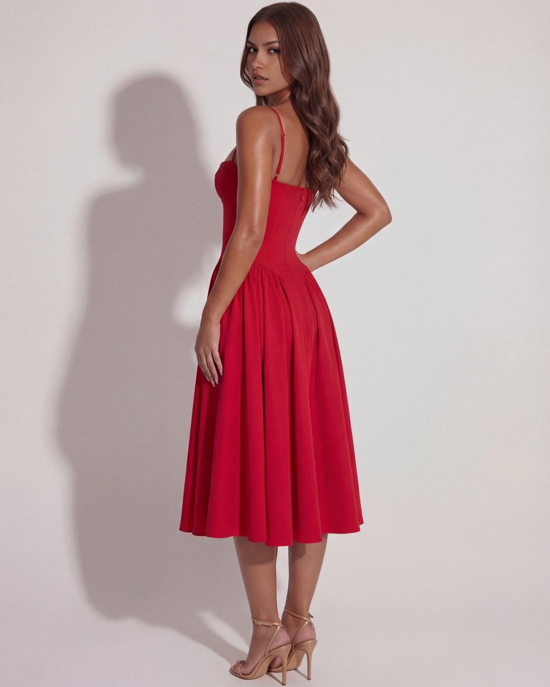 Nora | Red Womens Bustier Midi Dress