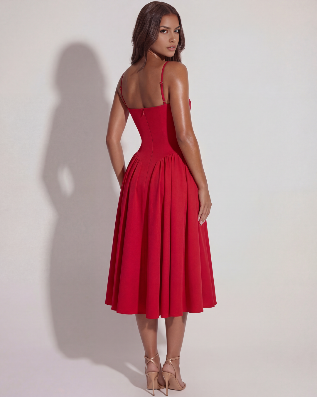 Nora | Red Womens Bustier Midi Dress
