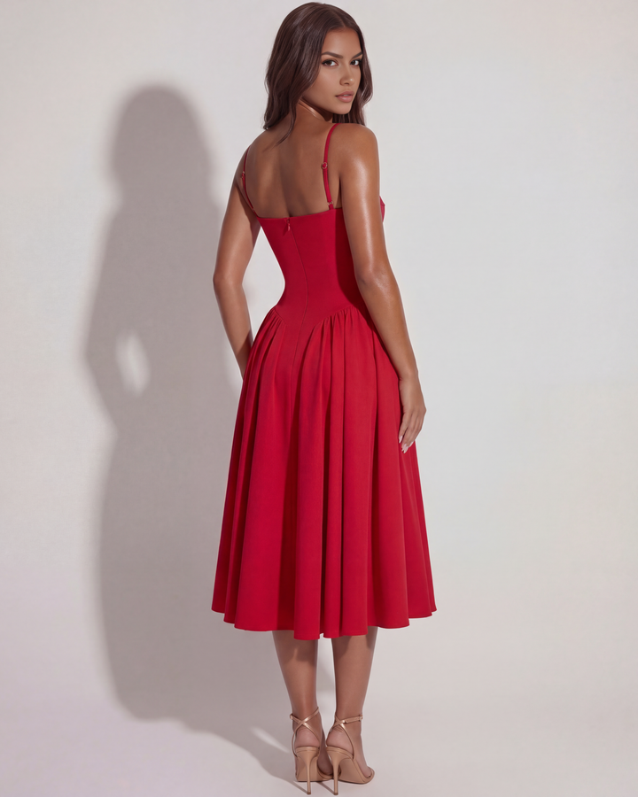 Nora | Red Womens Bustier Midi Dress