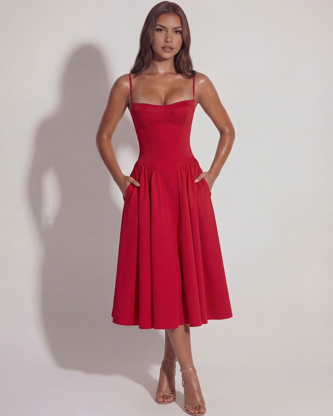 Nora | Red Womens Bustier Midi Dress