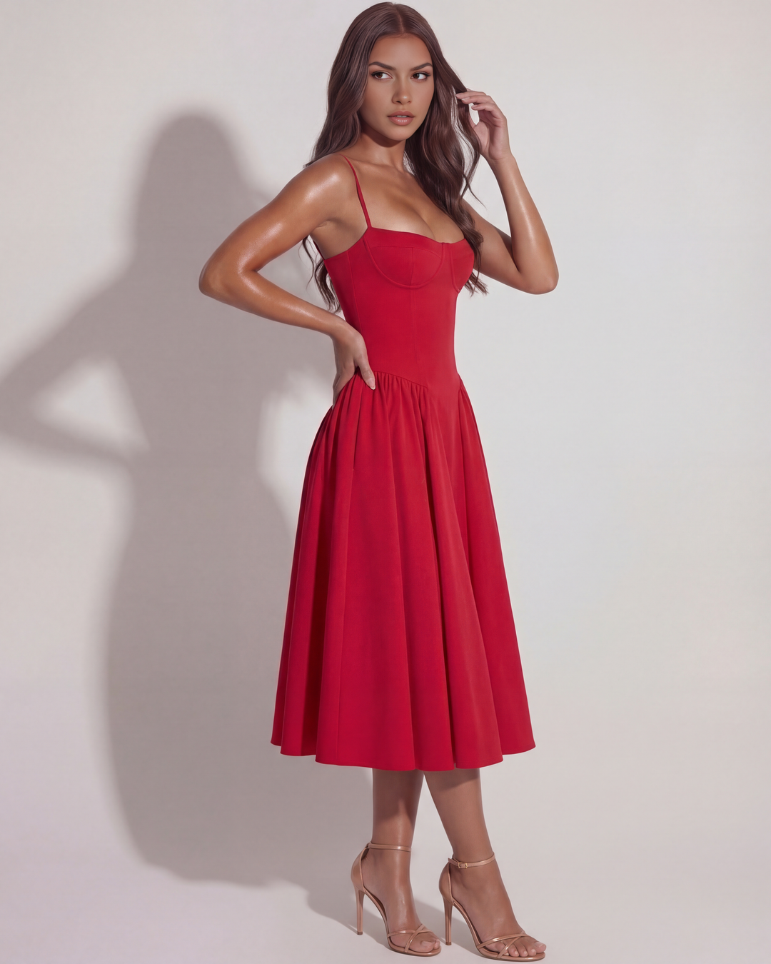 Nora | Red Womens Bustier Midi Dress