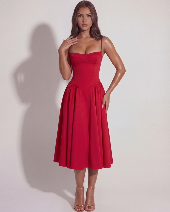 Nora | Red Womens Bustier Midi Dress