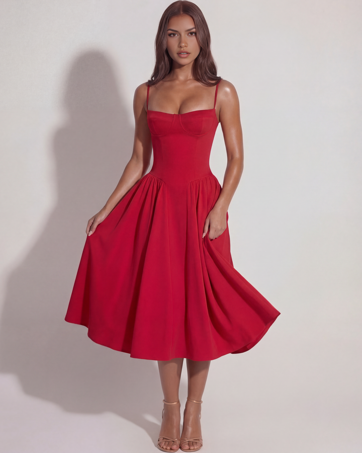Nora | Red Womens Bustier Midi Dress