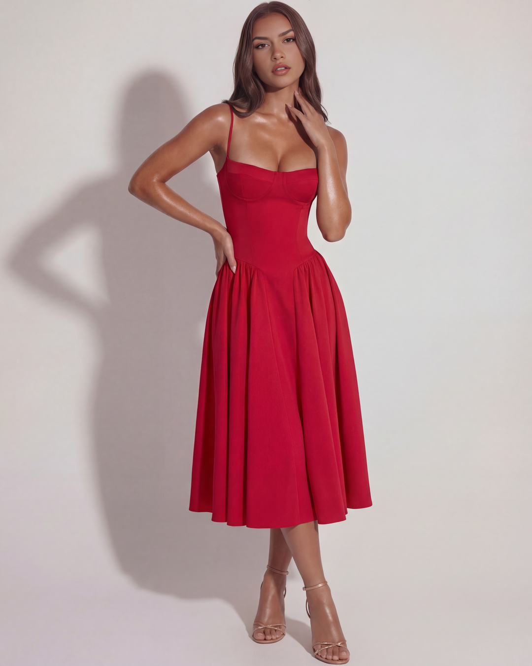 Nora | Red Womens Bustier Midi Dress