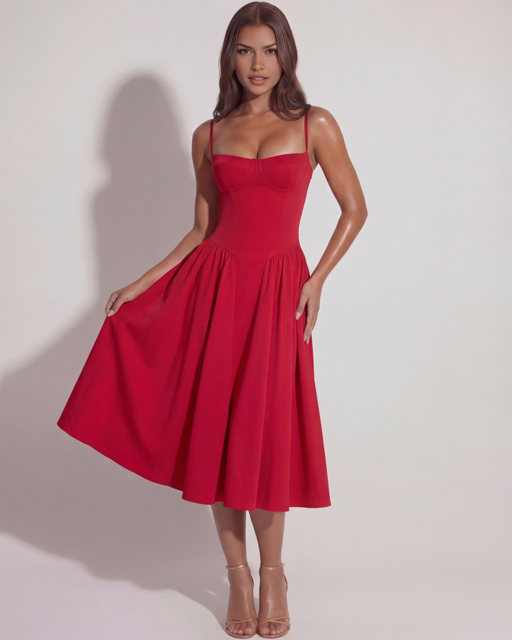 Nora | Red Womens Bustier Midi Dress