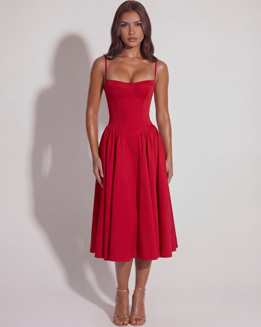 Nora | Red Womens Bustier Midi Dress