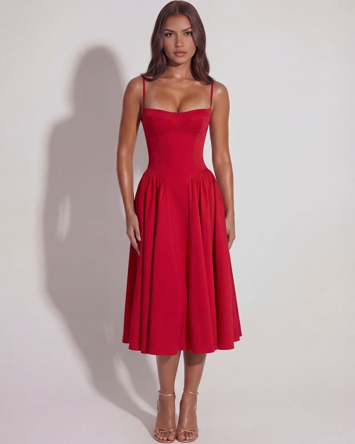 Nora | Red Womens Bustier Midi Dress