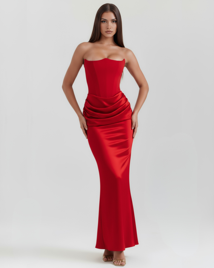 Opal | Red Satin Strapless Corset Maxi Dress