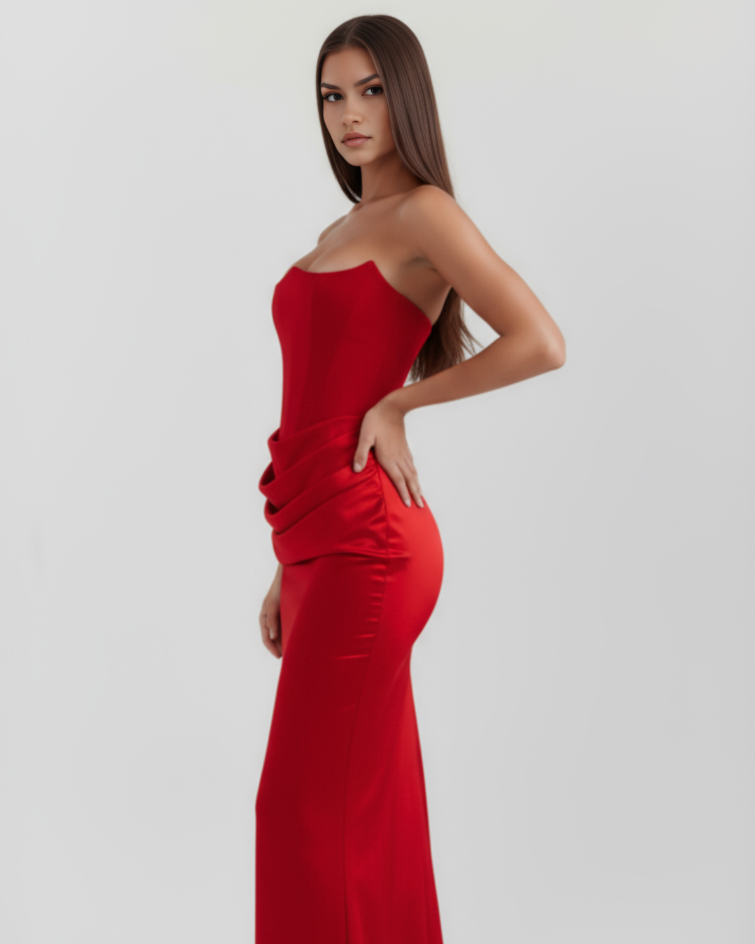 Opal | Red Satin Strapless Corset Maxi Dress