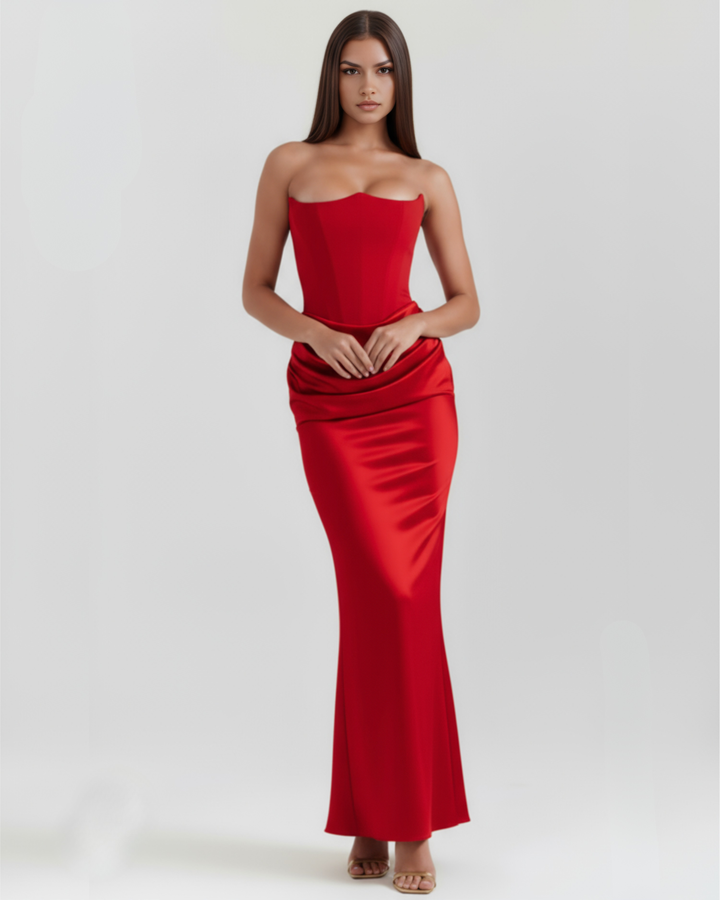 Opal | Red Satin Strapless Corset Maxi Dress