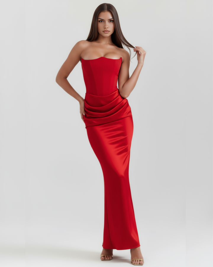 Opal | Red Satin Strapless Corset Maxi Dress