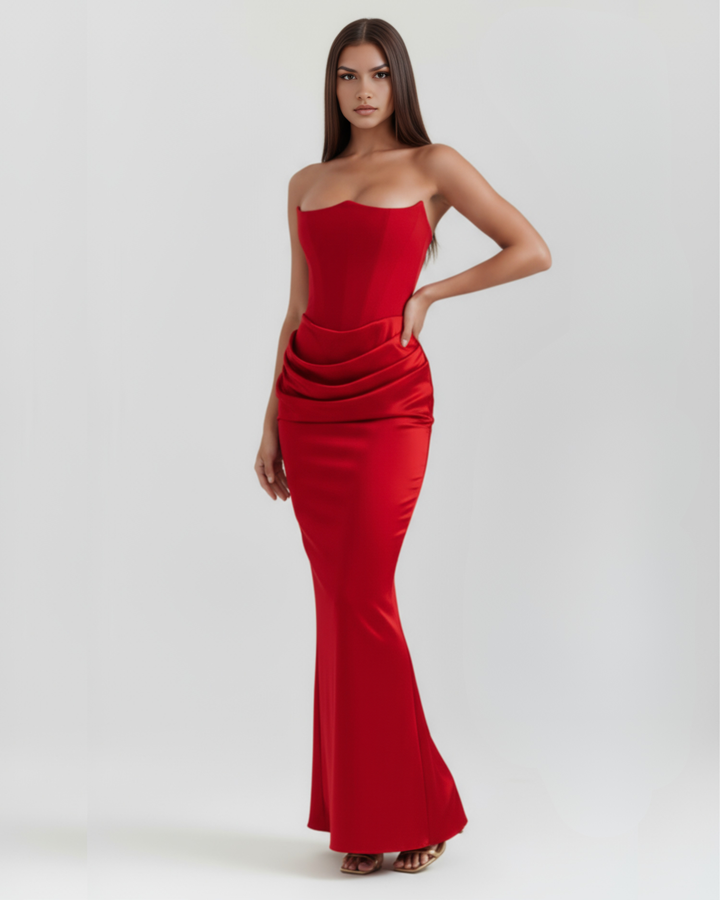 Opal | Red Satin Strapless Corset Maxi Dress