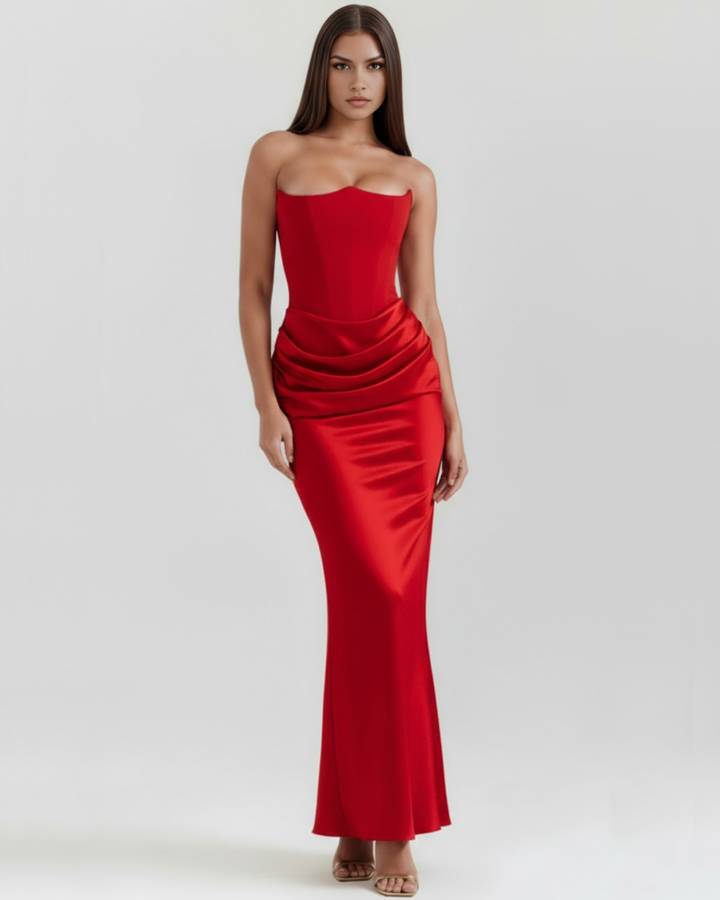 Opal | Red Satin Strapless Corset Maxi Dress