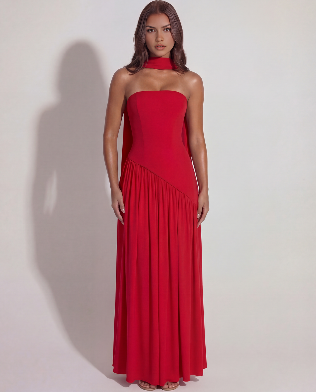 Rosa | Red Strapless Prom Maxi Dress with Cape