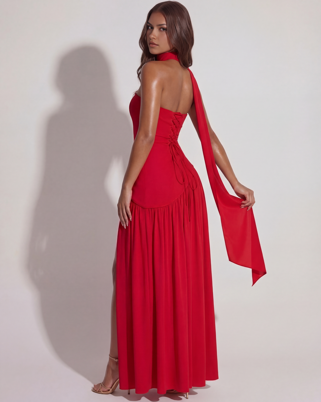 Rosa | Red Strapless Prom Maxi Dress with Cape