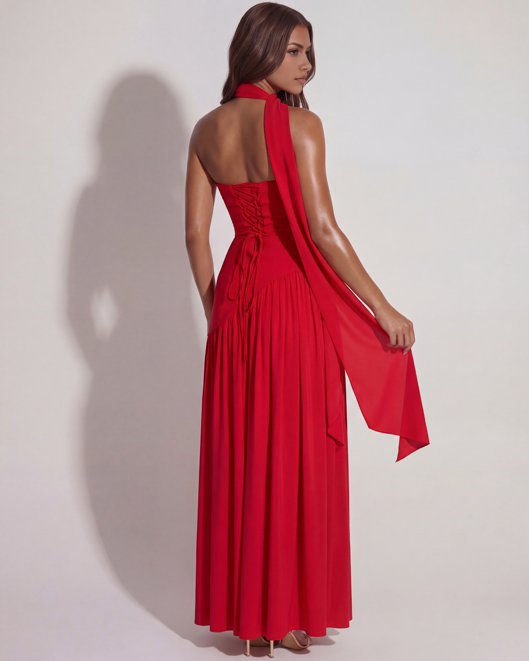 Rosa | Red Strapless Prom Maxi Dress with Cape